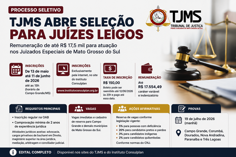 TJMS abre inscrições para Juízes Leigos até 11 de junho com remuneração de até R$ 17,5 mil