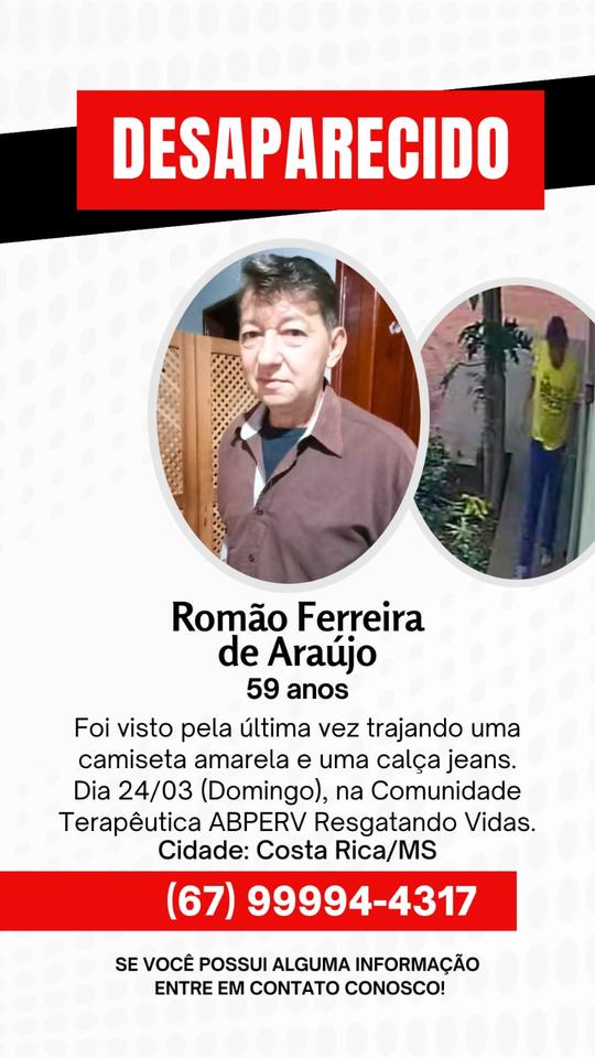 Fam&iacute;lia procura por Rom&atilde;o Ferreira de Ara&uacute;jo desaparecido h&aacute; mais de 10 dias em Costa Rica
