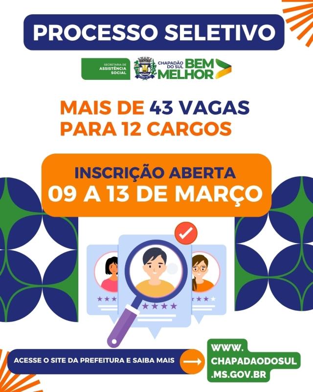 Chapad&atilde;o do Sul abre processo seletivo na Assist&ecirc;ncia Social com 43 vagas e sal&aacute;rios de at&eacute; R$ 5,8 mil