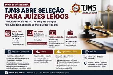 TJMS abre inscrições para Juízes Leigos até 11 de junho com remuneração de até R$ 17,5 mil
