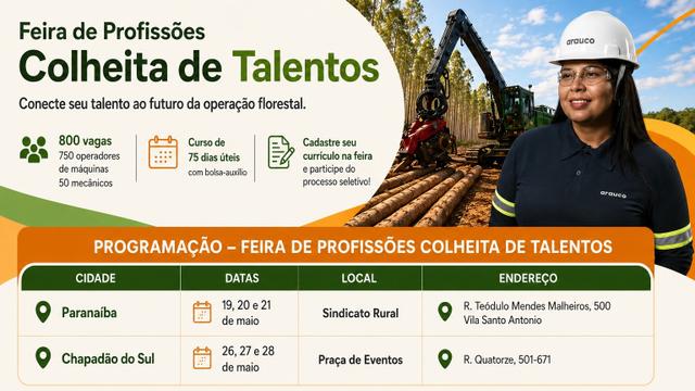Chapad&atilde;o do Sul e Parana&iacute;ba entram na rota da Feira de Profiss&otilde;es da Arauco com vagas e capacita&ccedil;&atilde;o para o setor florestal